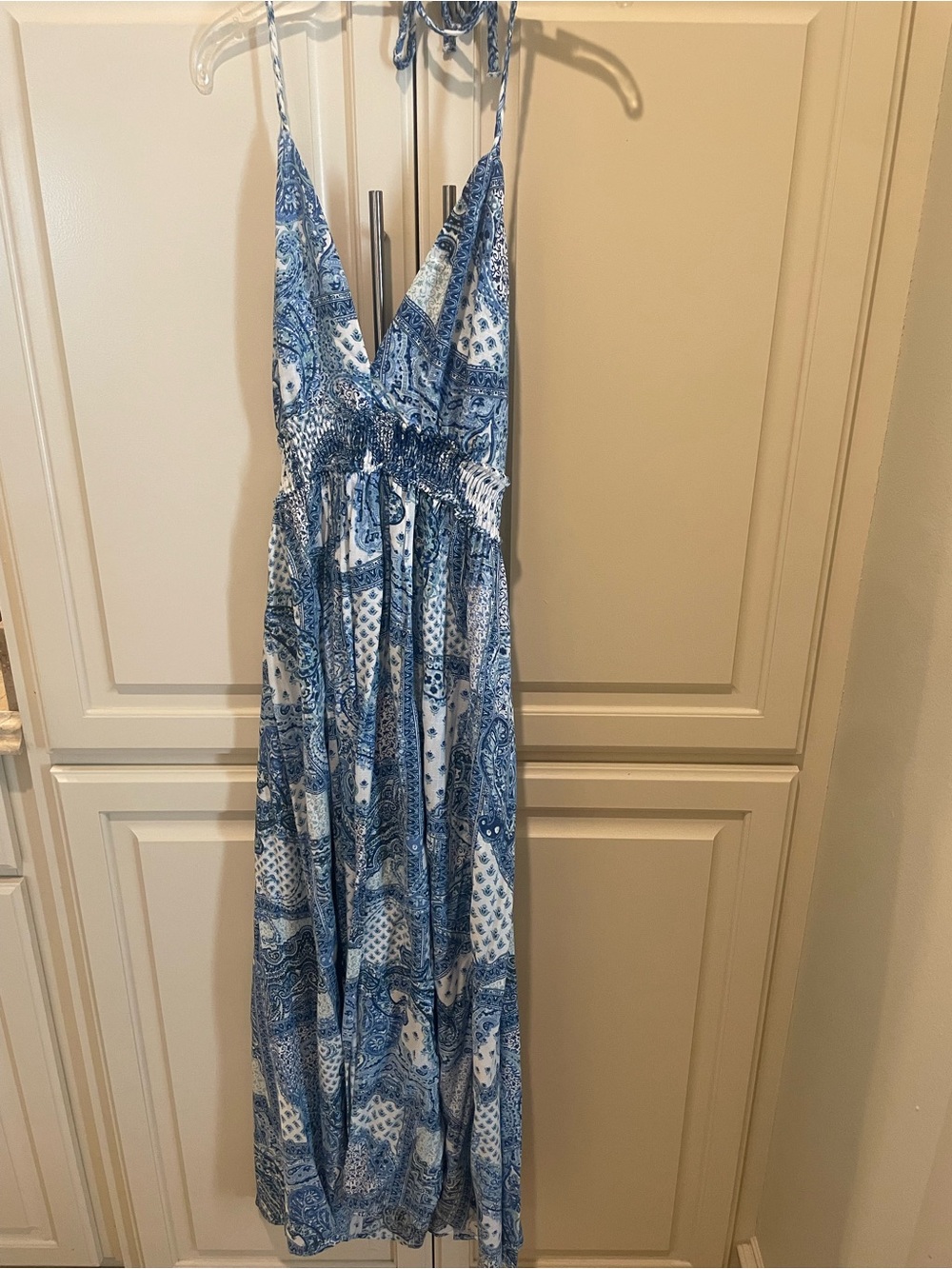 Zara Blue Paisley Maxi Dress with Smocked Waist and Tie Straps